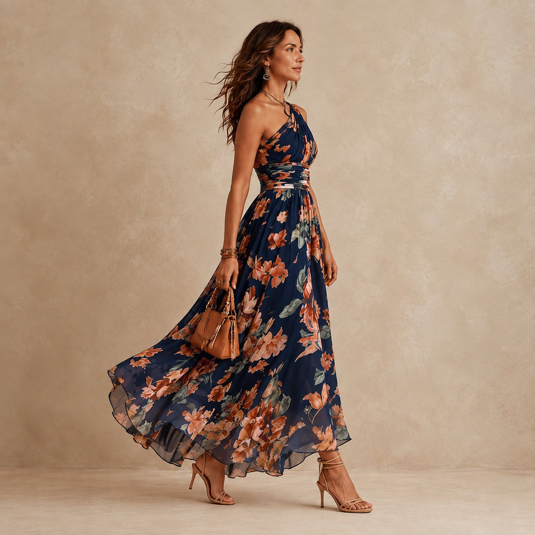 Adele – Asymmetric Floral Print Maxi Dress
