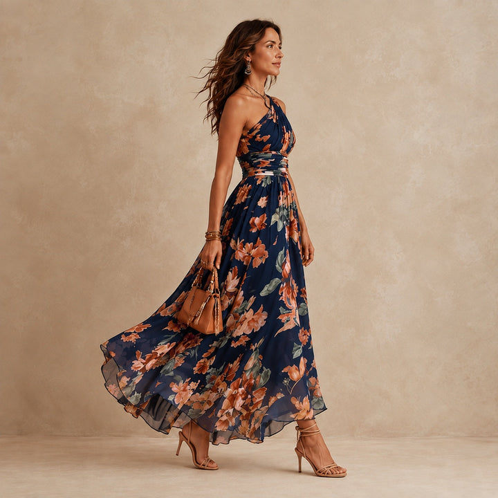 Adele – Asymmetric Floral Print Maxi Dress