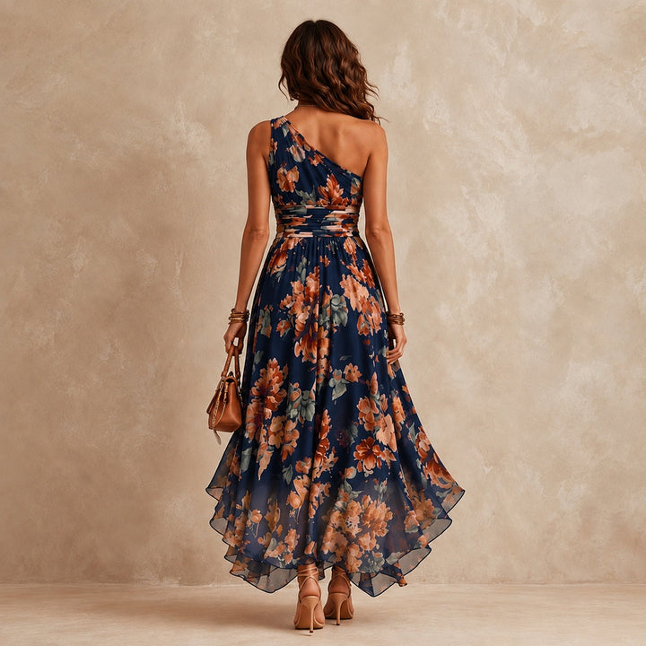Adele – Asymmetric Floral Print Maxi Dress